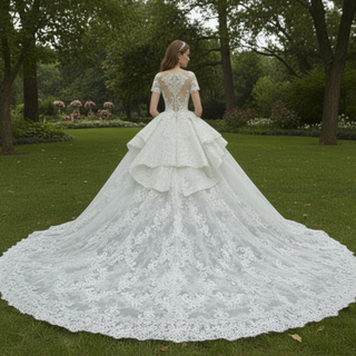 Short Sleeve Sheer Neck Lace Wedding Dresses with Puffy Skirt