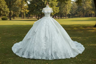 Robes de mariée en dentelle à manches courtes et col transparent avec jupe bouffante