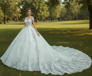 Robes de mariée en dentelle à manches courtes et col transparent avec jupe bouffante