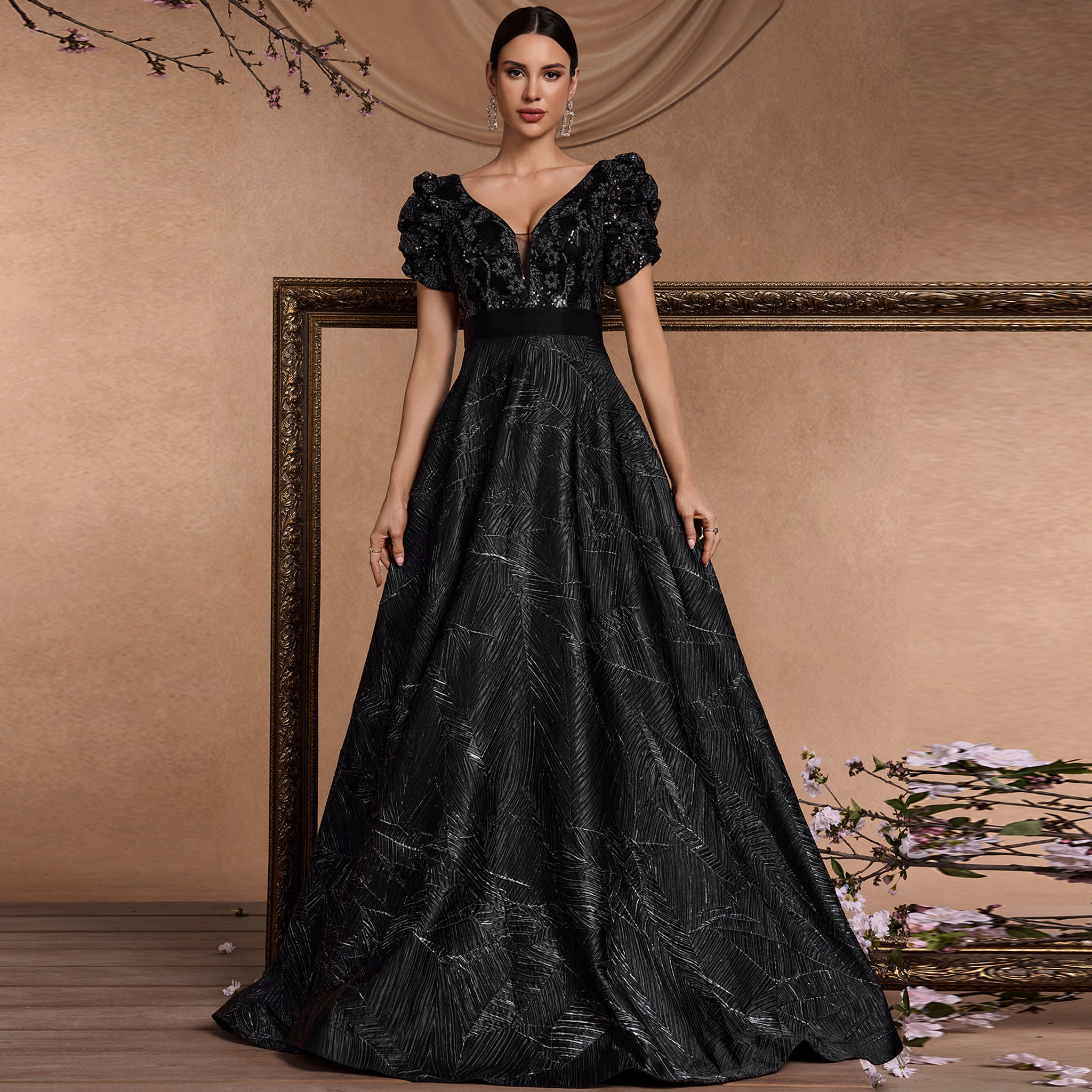 Classic Short Sleeve Black Prom Dresses Formal Gowns for Wedding Black / 1XL Classic Short Sleeve Black Prom Dresses Formal Gowns for Wedding Black / 1XL