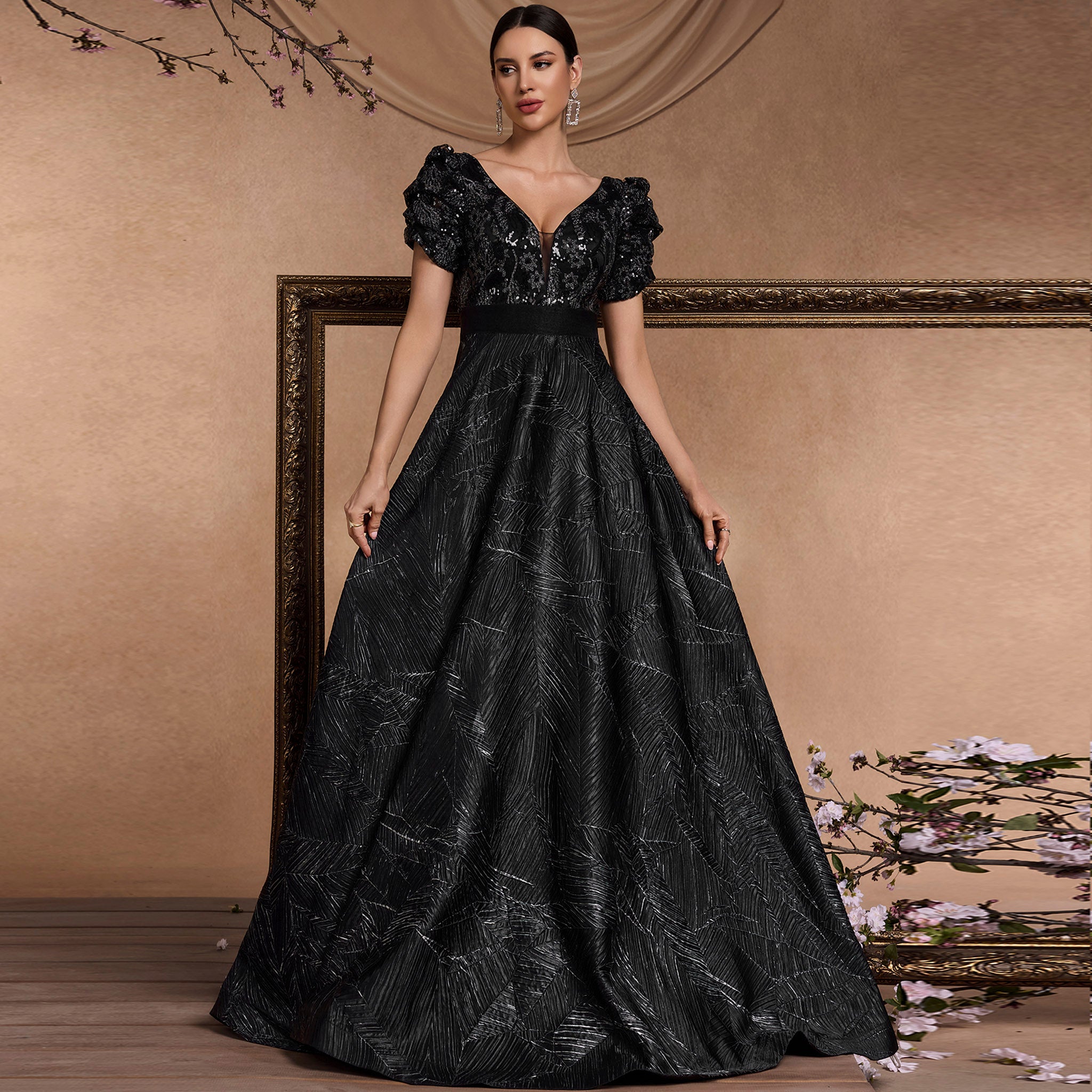 Classic Short Sleeve Black Prom Dresses Formal Gowns for Wedding Black / 1XL Classic Short Sleeve Black Prom Dresses Formal Gowns for Wedding Black / 1XL