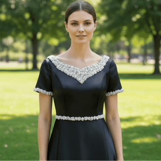 Short Sleeve Black Mother of Bride Dress with V Neckline for Old Lady - Rosymae