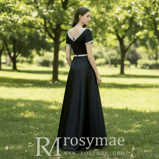Short Sleeve Black Mother of Bride Dress with V Neckline for Old Lady - Rosymae