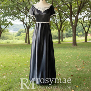 Short Sleeve Black Mother of Bride Dress with V Neckline for Old Lady - Rosymae