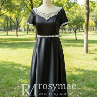 Short Sleeve Black Mother of Bride Dress with V Neckline for Old Lady - Rosymae