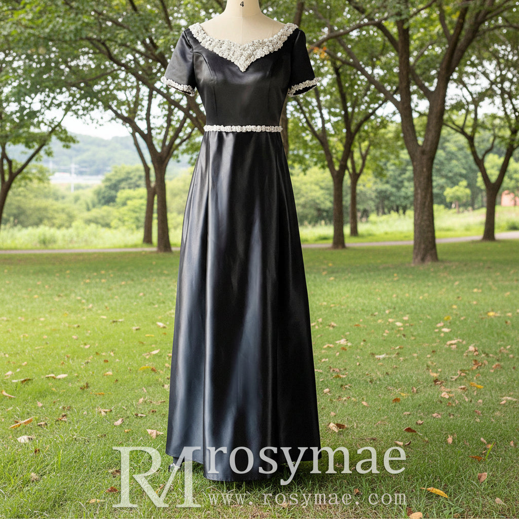 Short Sleeve Black Mother of Bride Dress with V Neckline for Old Lady Rosymae Short Sleeve Black Mother of Bride Dress with V Neckline for Old Lady Rosymae
