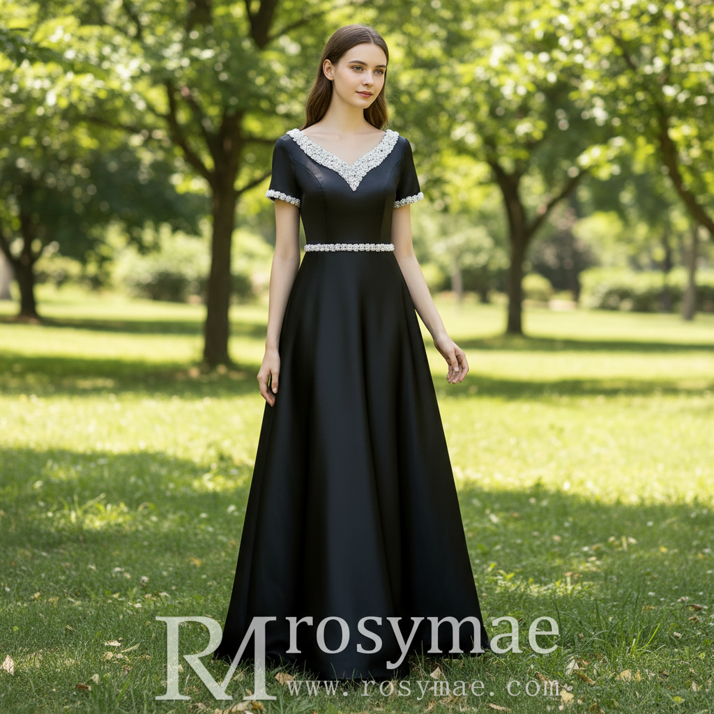Short Sleeve Black Mother of Bride Dress with V Neckline for Old Lady Black / 28W Short Sleeve Black Mother of Bride Dress with V Neckline for Old Lady Black / 28W