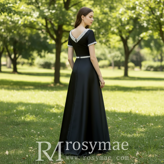 Short Sleeve Black Mother of Bride Dress with V Neckline for Old Lady