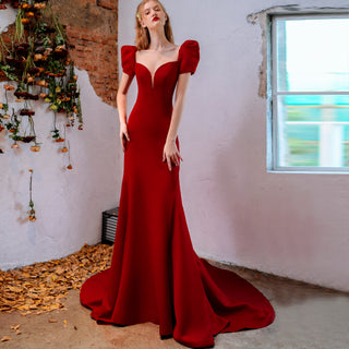 Mermaid Satin Red Bridesmaid Dresses with Puffy Short Sleeves