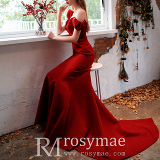 Mermaid Satin Red Bridesmaid Dresses with Puffy Short Sleeves