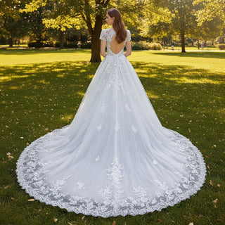 Short Sleeve High Neck Wedding Dress with Open Back - Rosymae