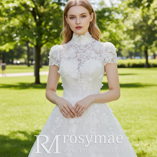 Short Sleeve High Neck Wedding Dress with Open Back - Rosymae