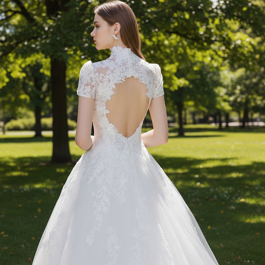 Short Sleeve High Neck Wedding Dress with Open Back Champagne / 16