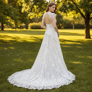 Short Sleeve Leafs Lace Brush Color A-line Bridal Gown Wedding Dress