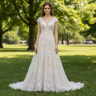 Short Sleeve Leafs Lace Brush Color A-line Bridal Gown Wedding Dress