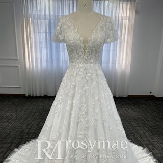 Lace Short Sleeve Wedding Dresses A Line Bridal Gowns with Deep Vneck