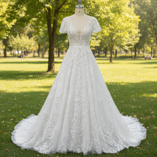 Lace Short Sleeve Wedding Dresses A Line Bridal Gowns with Deep Vneck