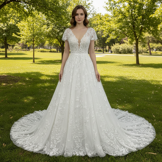 Lace Short Sleeve Wedding Dresses A Line Bridal Gowns with Deep Vneck