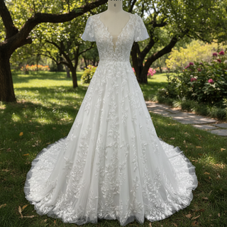 Lace Short Sleeve Wedding Dresses A Line Bridal Gowns with Deep Vneck
