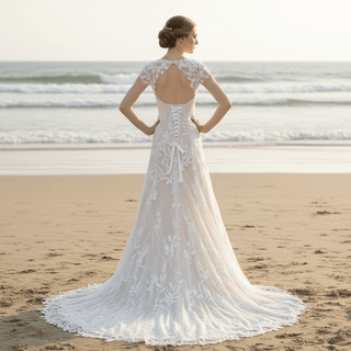 Short Sleeve Leafs Lace Brush Color A-line Bridal Gown Wedding Dress - Rosymae