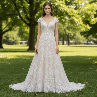 Short Sleeve Leafs Lace Brush Color A-line Bridal Gown Wedding Dress - Rosymae