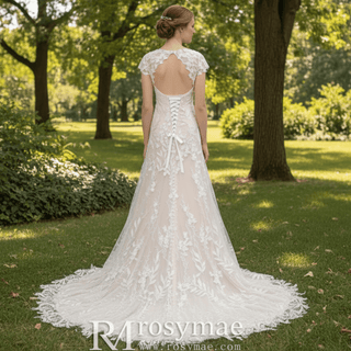Short Sleeve Leafs Lace Brush Color A-line Bridal Gown Wedding Dress - Rosymae