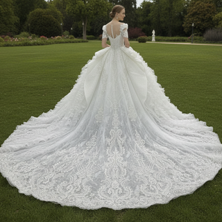 Gorgeous Short Puffy Sleeves Sparkle Wedding Dress with Square-neck