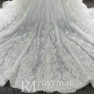 Gorgeous Short Puffy Sleeves Sparkle Wedding Dress with Square-neck