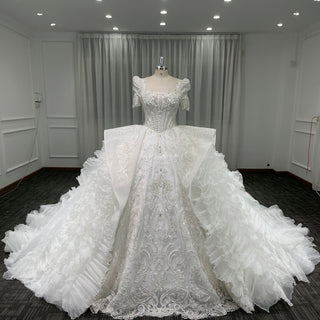 Gorgeous Short Puffy Sleeves Sparkle Wedding Dress with Square-neck