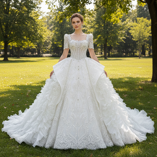 Gorgeous Short Puffy Sleeves Sparkle Wedding Dress with Square-neck