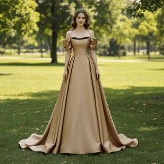 Short Sleeve Off Shoulder Coffee Satin Prom Dress Party Gown - Rosymae