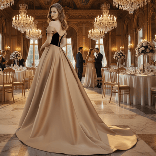 Short Sleeve Off Shoulder Coffee Satin Prom Dress Party Gown - Rosymae