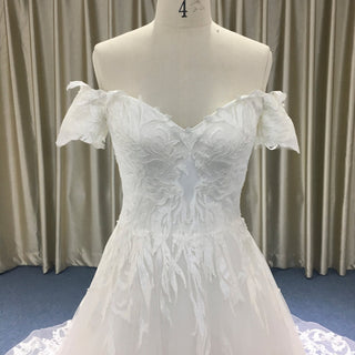 Short Sleeve Off the Shoulder Floral Lace Appliqued Wedding Dress - Rosymae