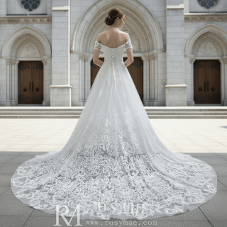 Short Sleeve Off the Shoulder Floral Lace Appliqued Wedding Dress - Rosymae