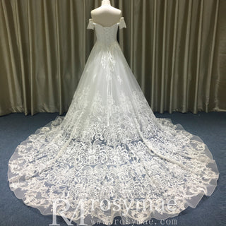 Short Sleeve Off the Shoulder Floral Lace Appliqued Wedding Dress - Rosymae