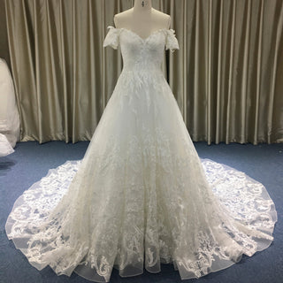 Short Sleeve Off the Shoulder Floral Lace Appliqued Wedding Dress - Rosymae