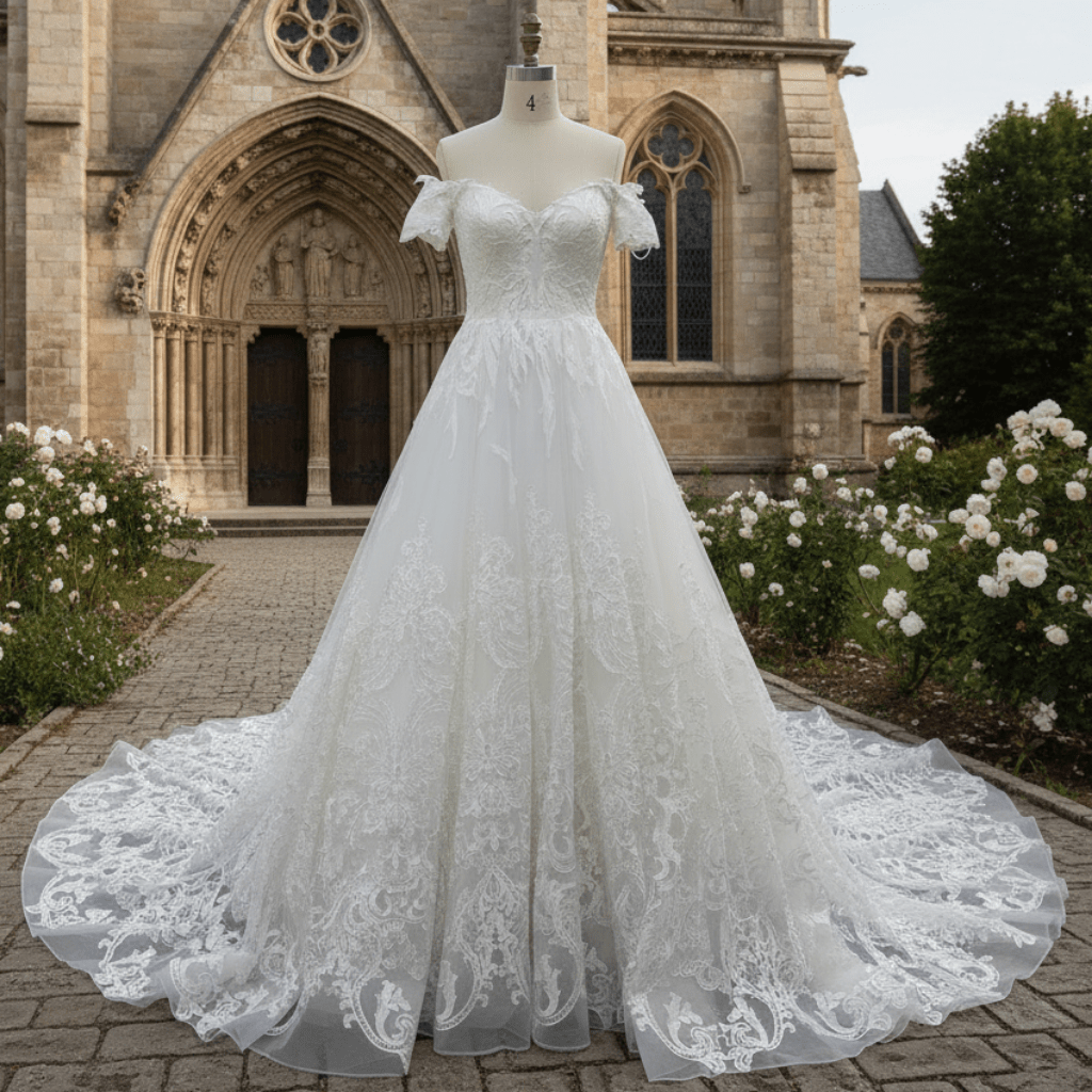 Short Sleeve Off the Shoulder Floral Lace Appliqued Wedding Dress - Rosymae