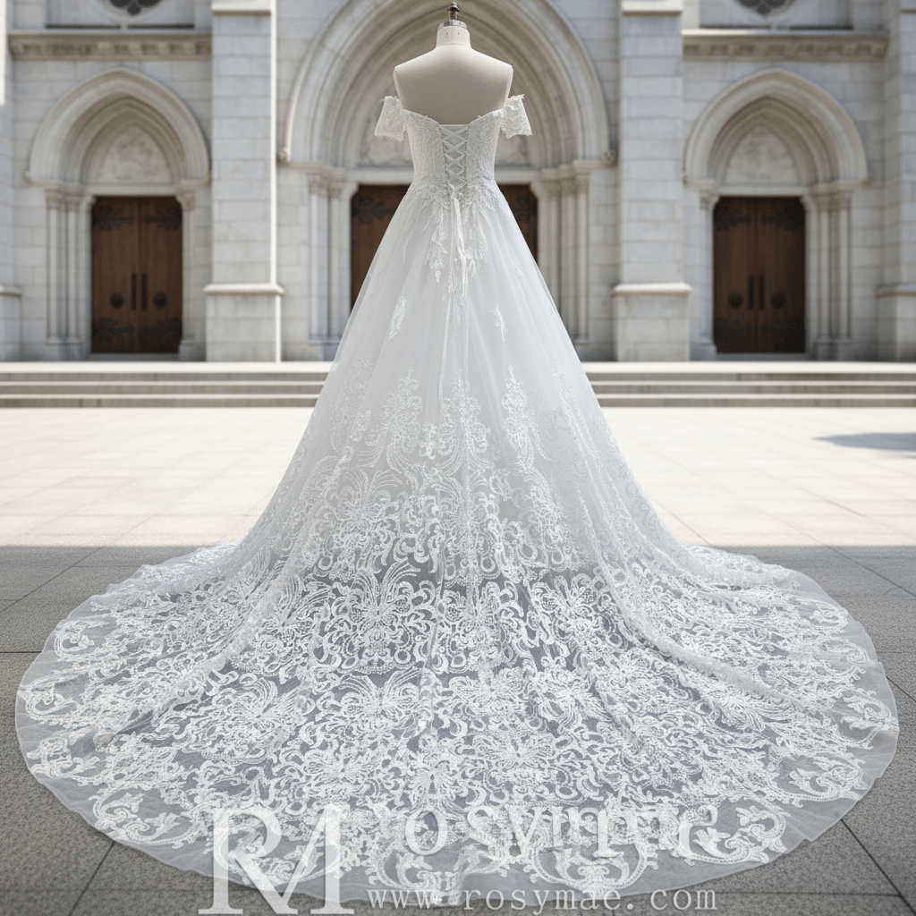 Short Sleeve Off the Shoulder Floral Lace Appliqued Wedding Dress - Rosymae