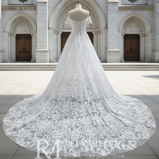 Short Sleeve Off the Shoulder Floral Lace Appliqued Wedding Dress - Rosymae