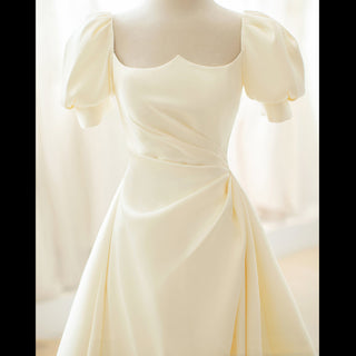 Half Sleeve Satin Wedding Dress with Asymmetrical Neck