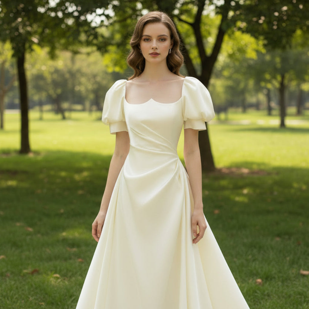 Half Sleeve Satin Wedding Dress with Square Neck Rosymae Half Sleeve Satin Wedding Dress with Square Neck Rosymae