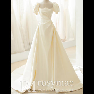 Half Sleeve Satin Wedding Dress with Asymmetrical Neck