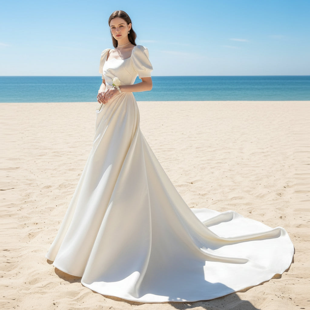 Half Sleeve Satin Wedding Dress with Square Neck