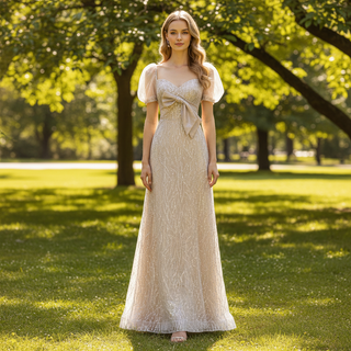 Sparkly Formal Gown Sheer Bodice Party Dress with Half Sleeve