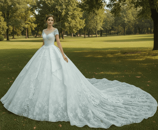 Short Sleeve Sheer Neck Lace Wedding Dresses with Puffy Skirt - Rosymae