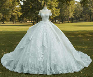 Short Sleeve Sheer Neck Lace Wedding Dresses with Puffy Skirt - Rosymae