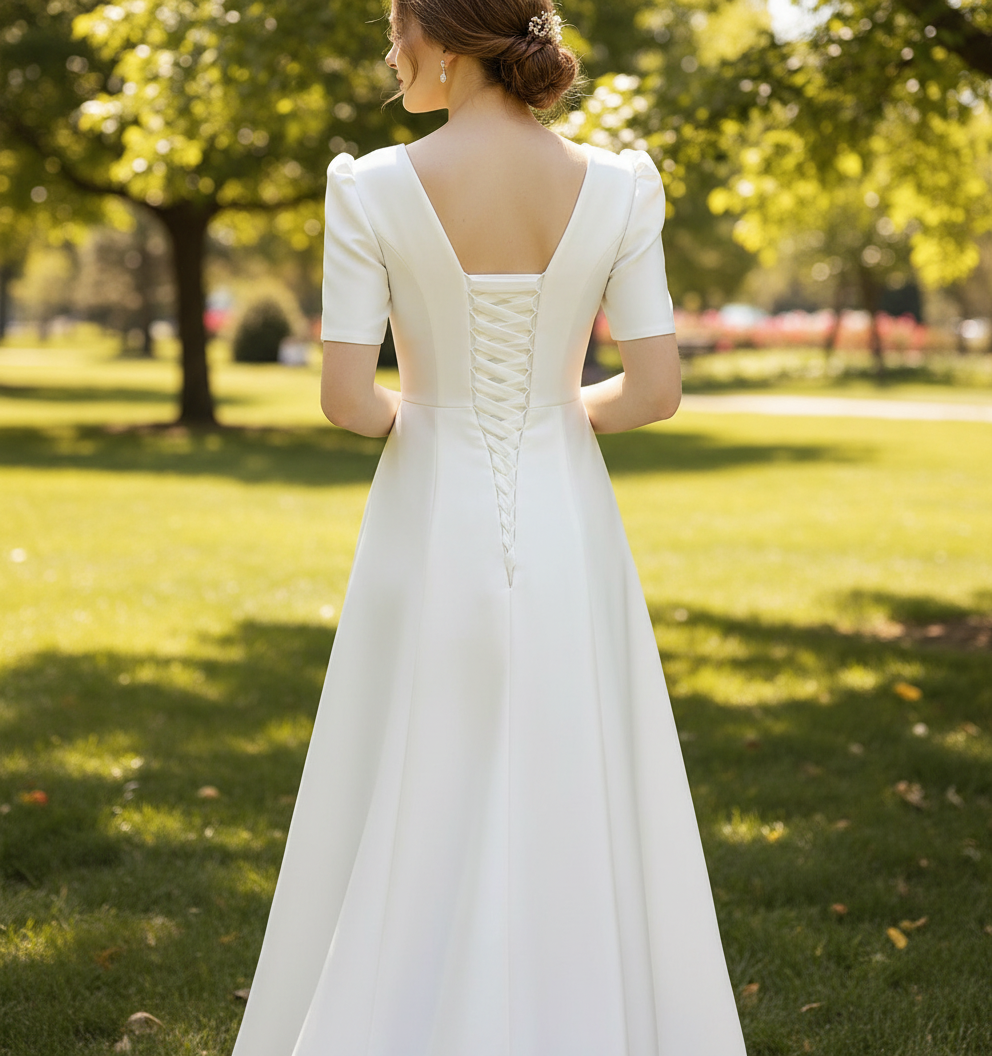 Short Sleeve Satin Vneck Wedding Dress with Ankle Length Champagne / 0 Short Sleeve Satin Vneck Wedding Dress with Ankle Length Champagne / 0