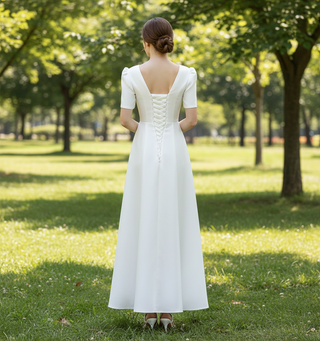 Short Sleeve Satin Vneck Wedding Dress with Ankle Length
