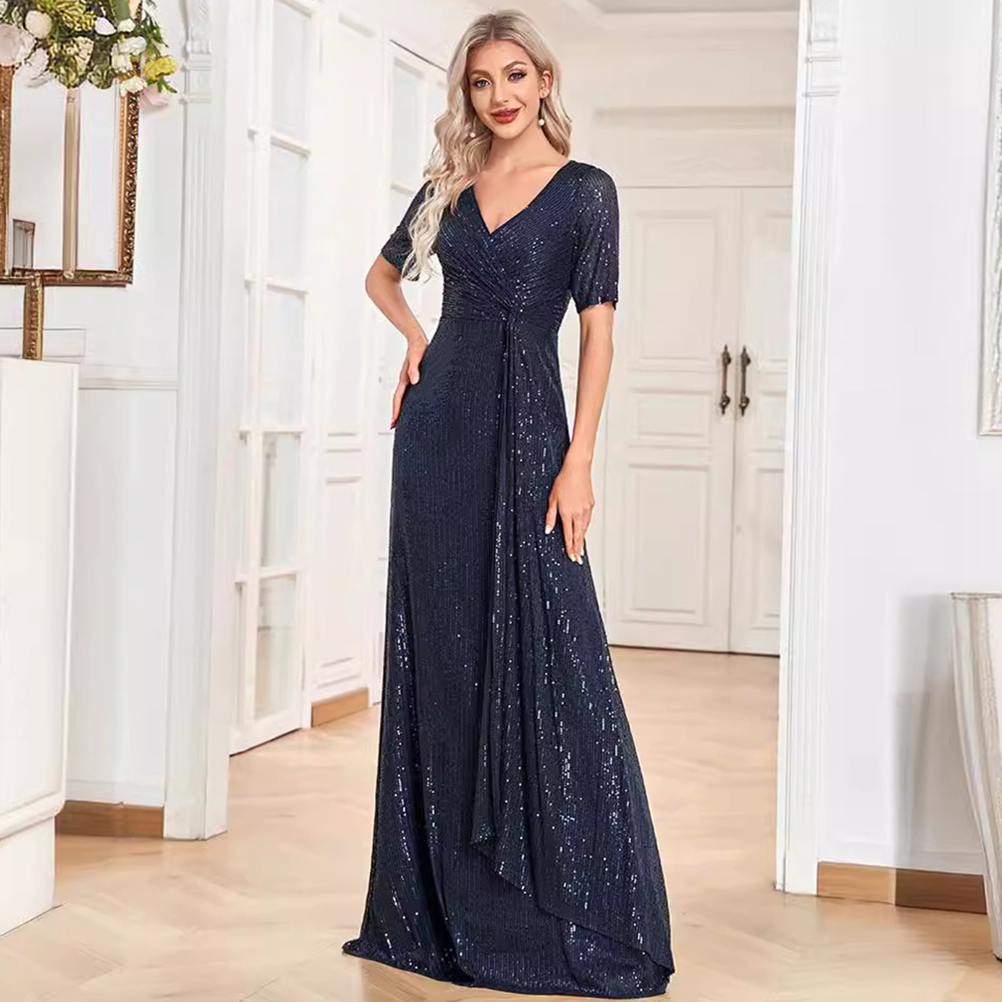 Modest Short Sleeves Women Formal Evening Gown Sequin Prom Dress Blue / 2 Modest Short Sleeves Women Formal Evening Gown Sequin Prom Dress Blue / 2