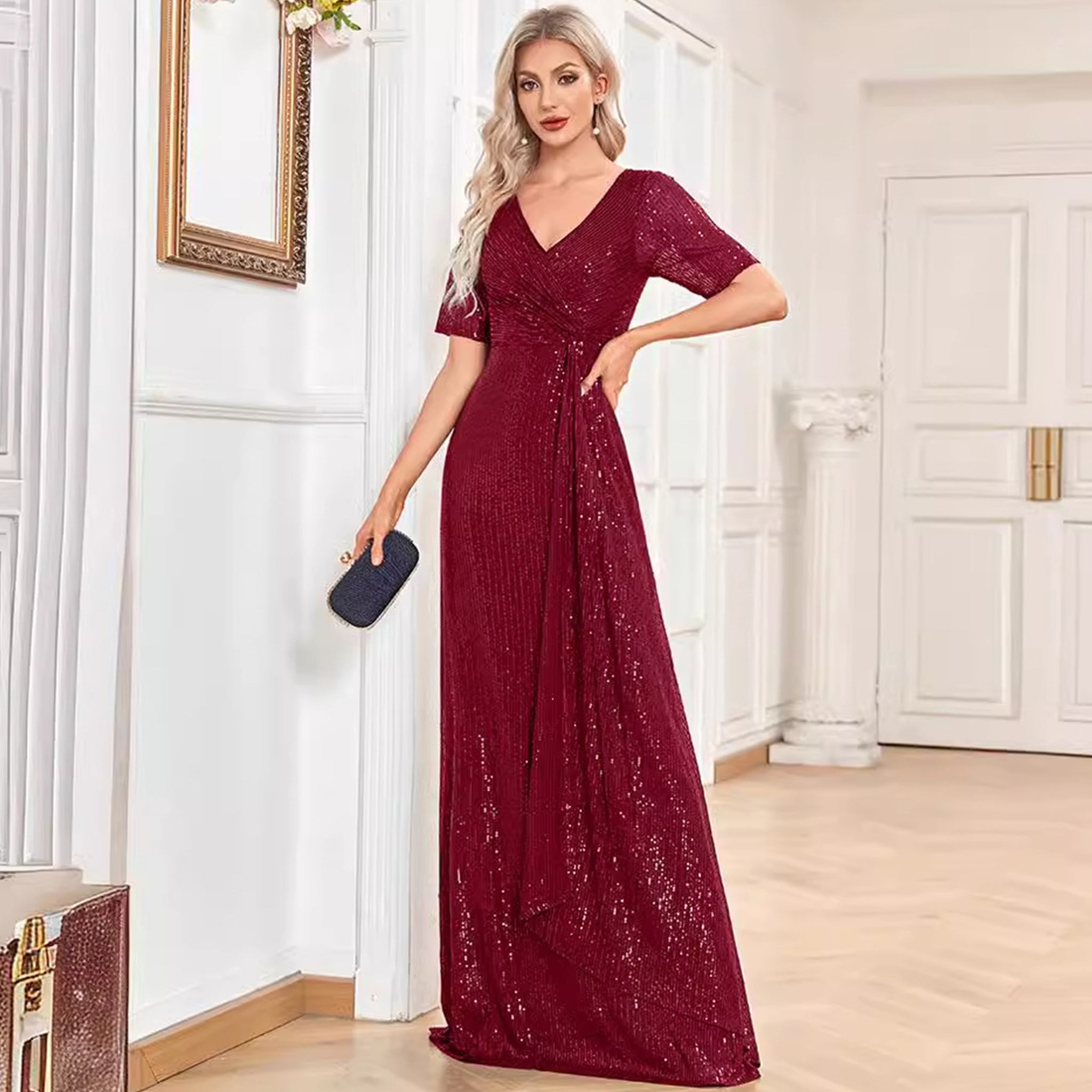Modest Short Sleeves Women Formal Evening Gown Sequin Prom Dress Wine Crimson / 2 Modest Short Sleeves Women Formal Evening Gown Sequin Prom Dress Wine Crimson / 2